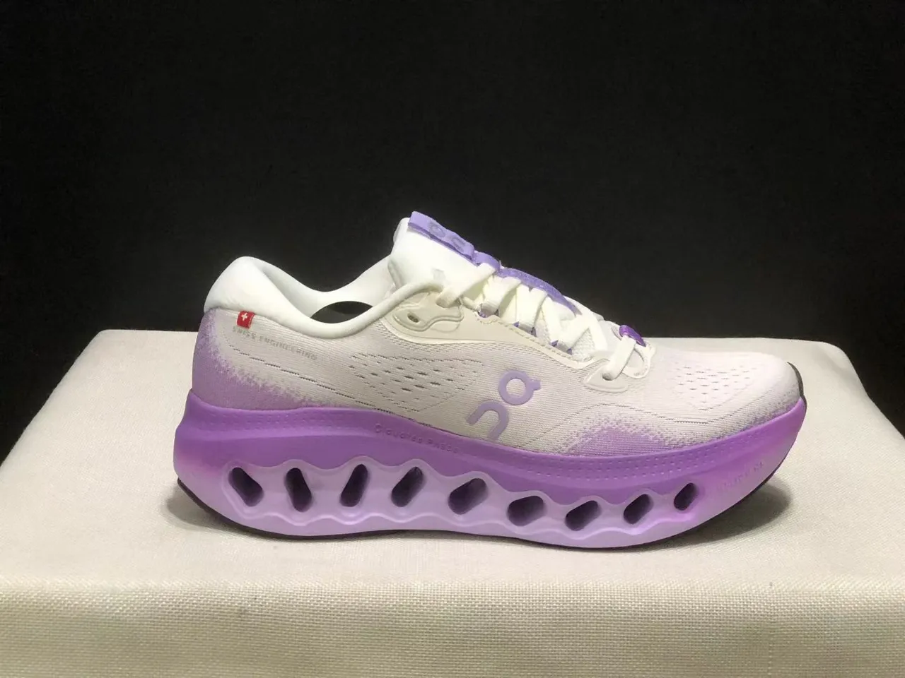 On Cloudmonster Gray Green Engineered Mesh Upper Open Hexagonal CloudTec Pods Running Shoes