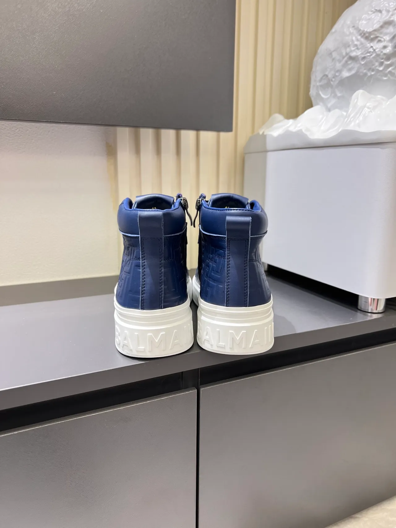 Balmain B-Court Navy White High-Top Embossed Leather Lifestyle Sneakers