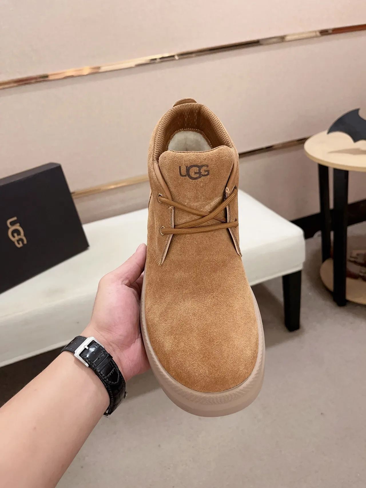 UGG Tasman Beige White Suede Upper Chunky Platform Sole Ankle Boots
