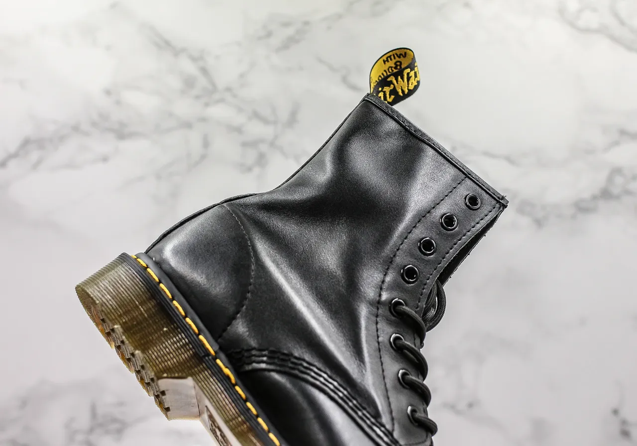 Dr. Martens 1460 Black Smooth Leather Yellow Stitch Martin Boots