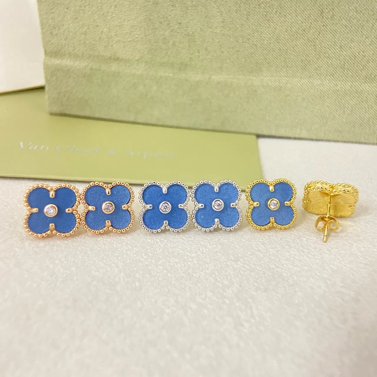 Van Cleef & Arpels Alhambra Blue Enamel Beaded Border Stud Earrings