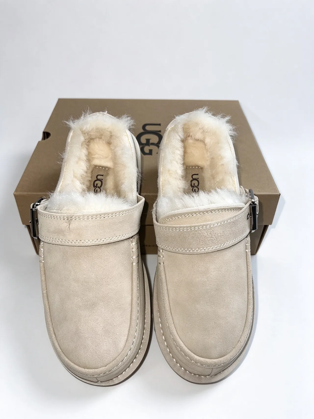 UGG Beige White Suede Upper Shearling-Lined Loafer
