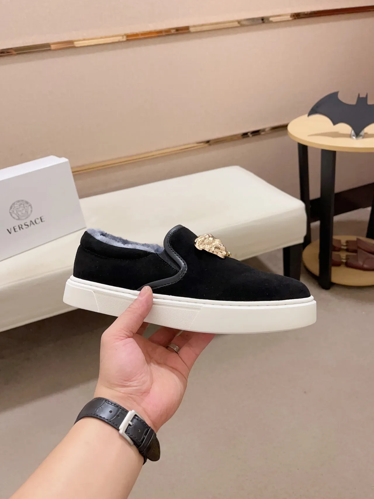 Versace Medusa Loafer Black Velvet Shearling-Lined Slip-On Loafer