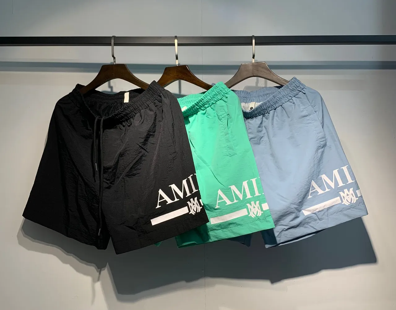 AMI Paris Black Green Lightweight Synthetic Fabric Side Logo Print Shorts