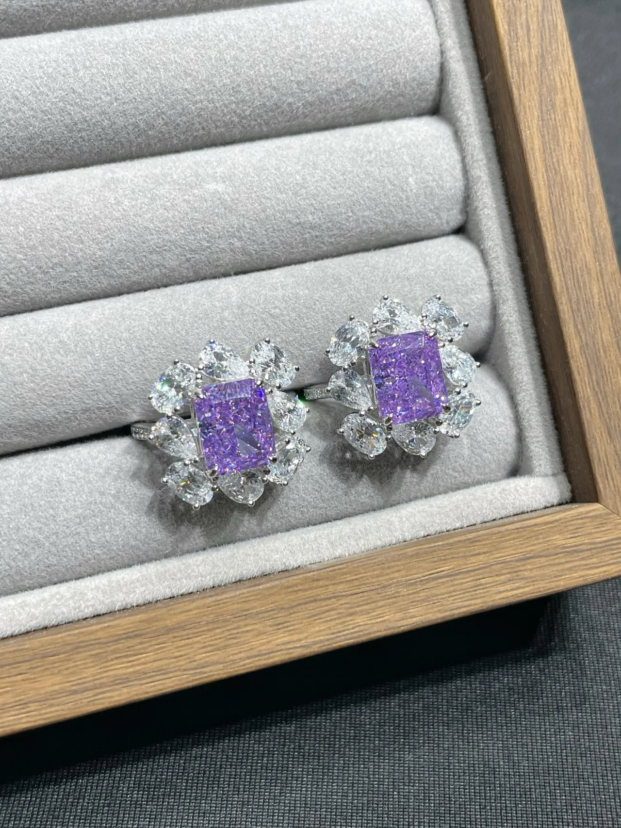 Purple Square Center Floral Cluster Earrings