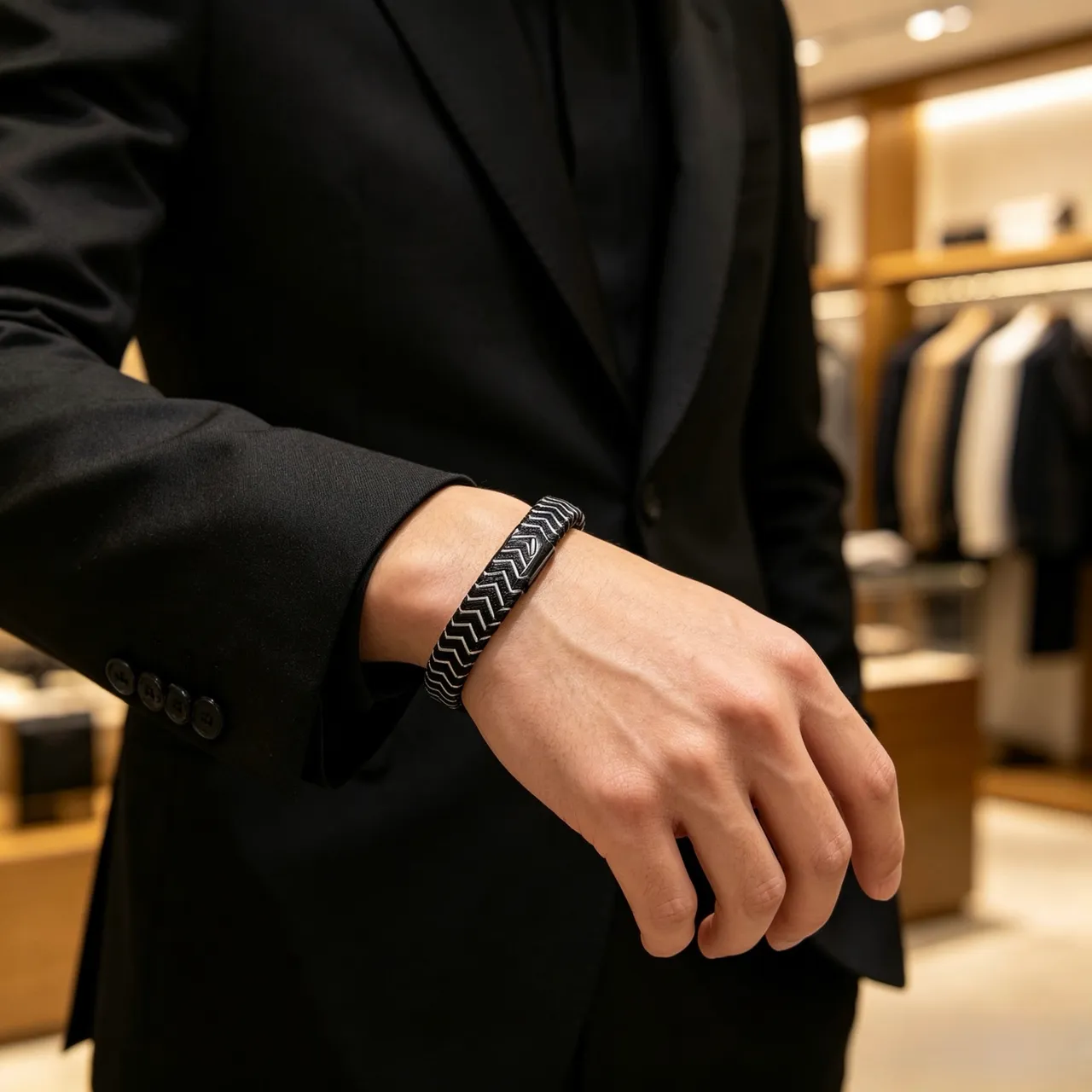 Hermès Black Silver Woven Leather Zigzag Stitching Bracelet