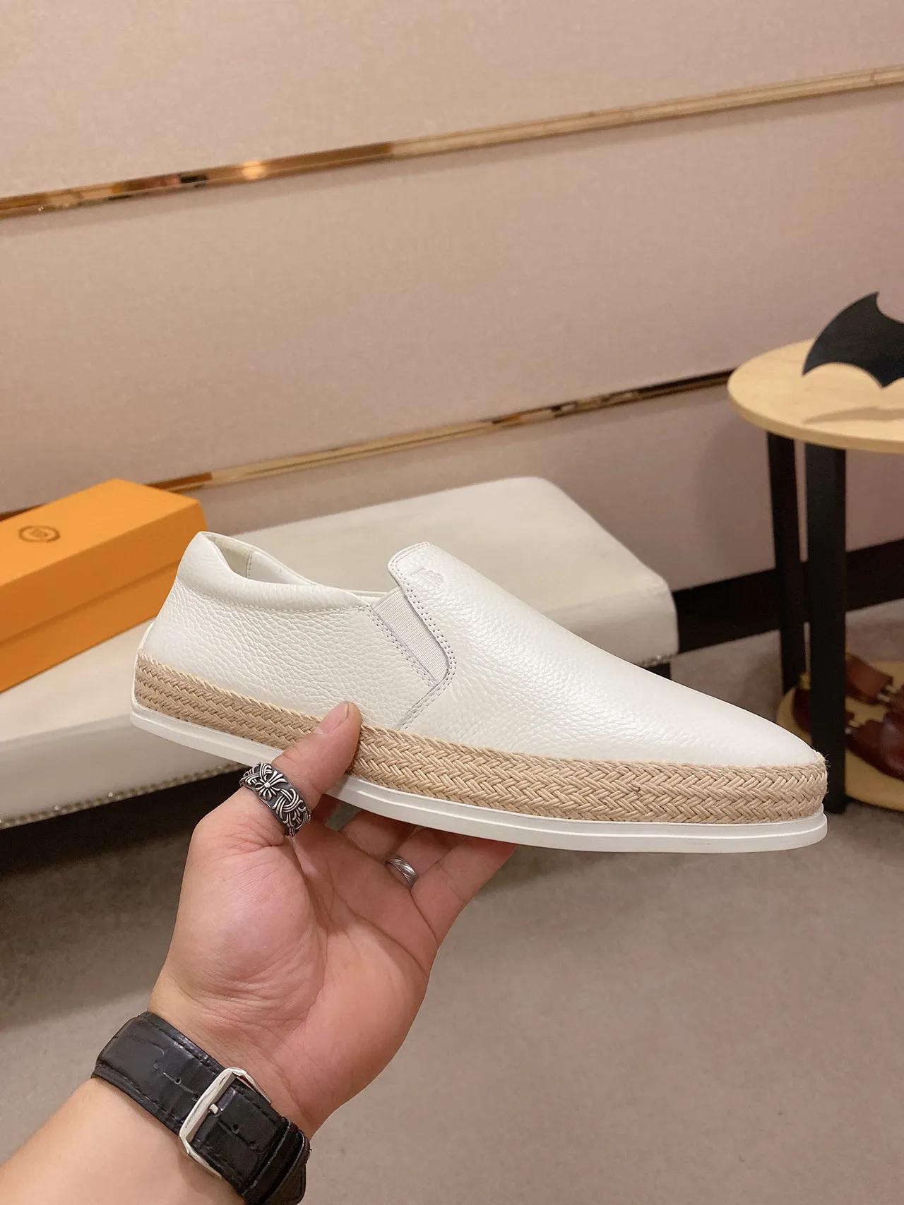 White Beige Pebbled Leather Woven Jute Midsole Band Boat Shoes