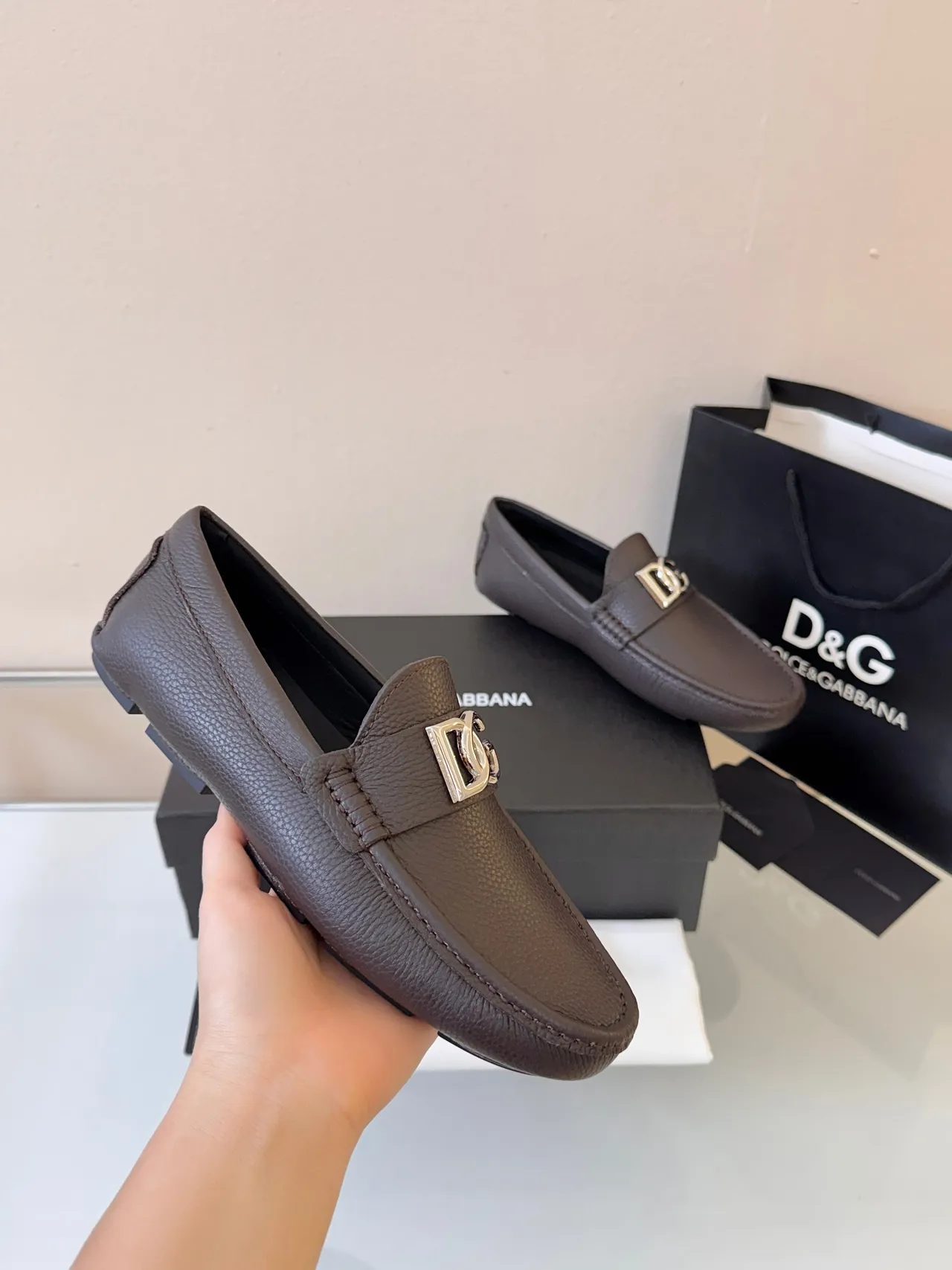 Dolce & Gabbana Brown Silver Pebbled Leather Metal DG Buckle Loafer