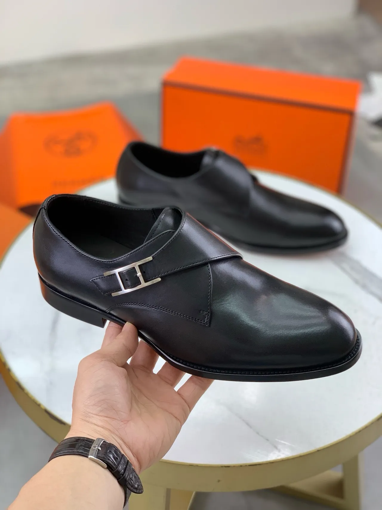 Hermès H Monk Black Polished Leather Monk Shoes