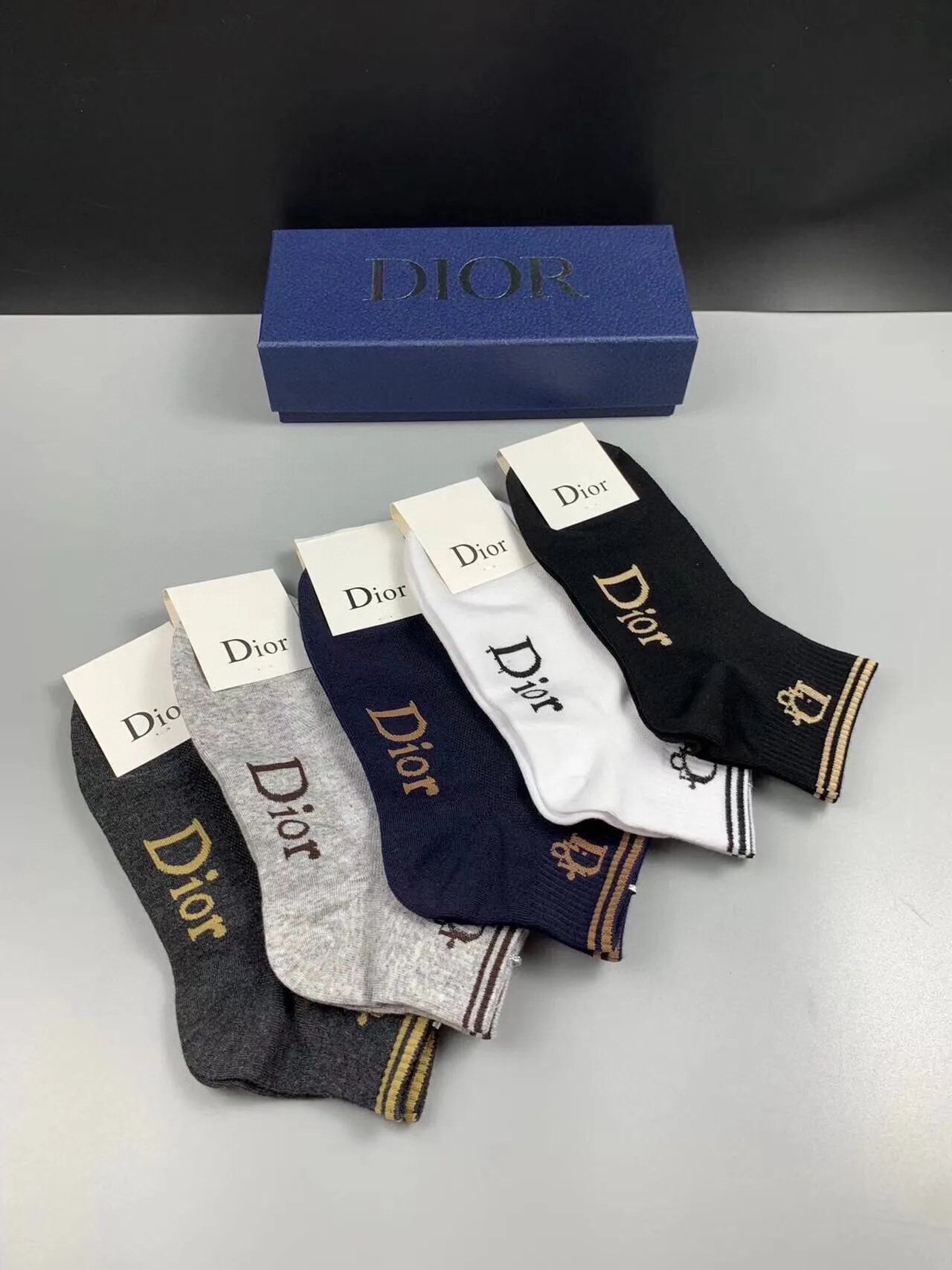 Dior Gray Navy Logo-Embroidered Ribbed Cuff Socks