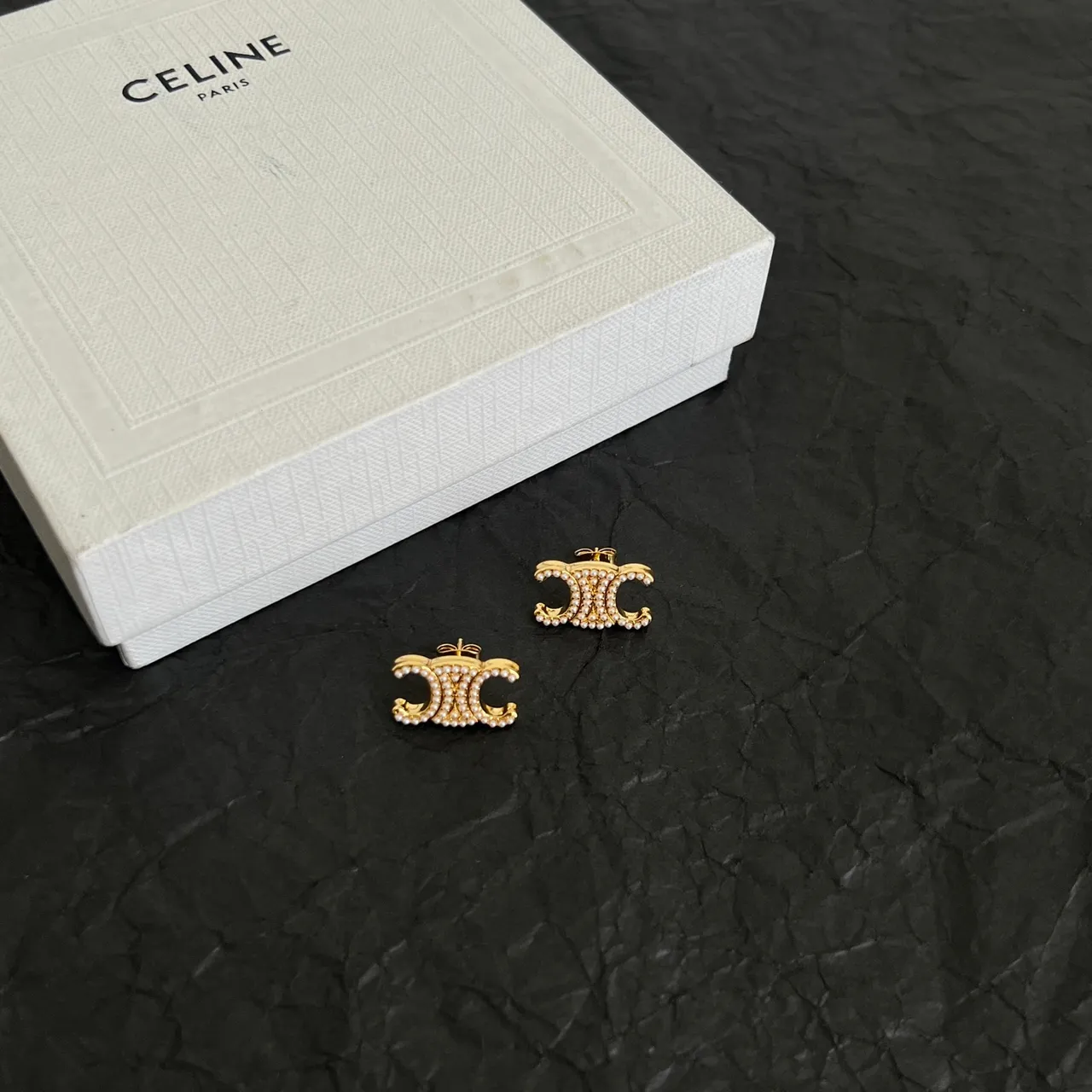 Celine Triomphe Pearl-Embellished Double C Stud Earrings