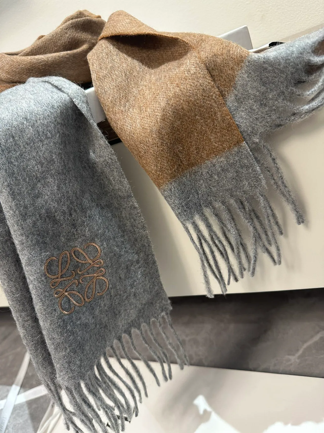 Loewe Anagram Embroidered Gray Cashmere Scarf