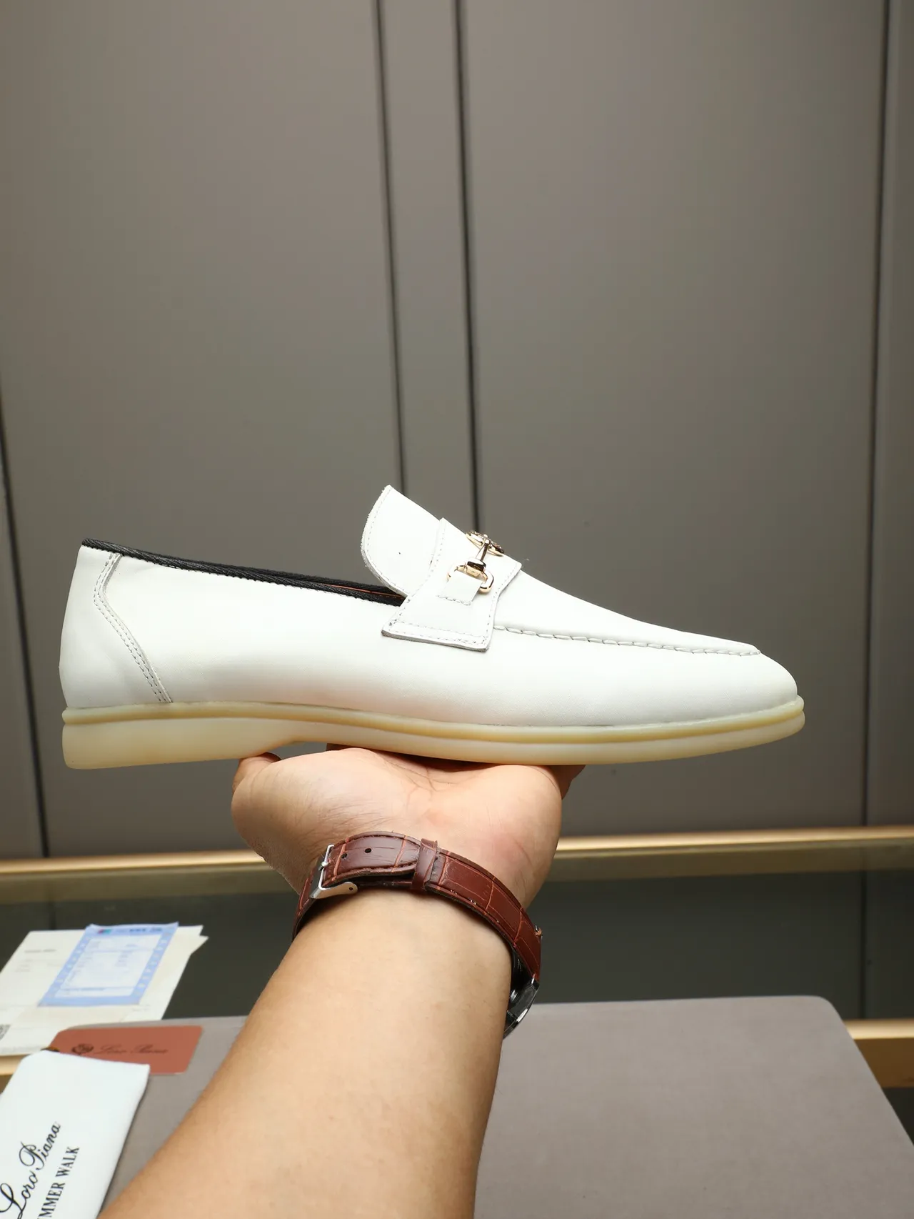 Loro Piana White Beige Leather Horsebit Buckle Loafer