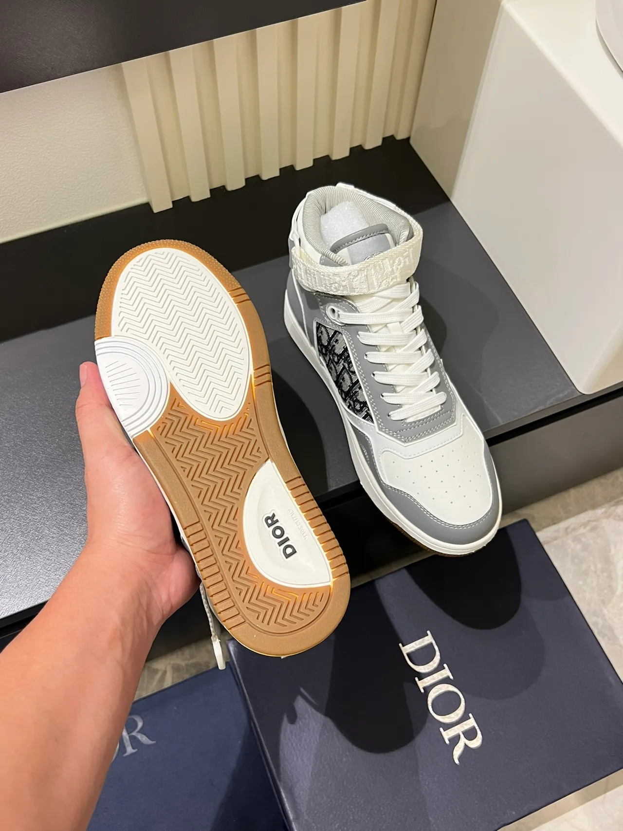 Dior B23 White and Gray Oblique Monogram High-Top Lifestyle Sneakers
