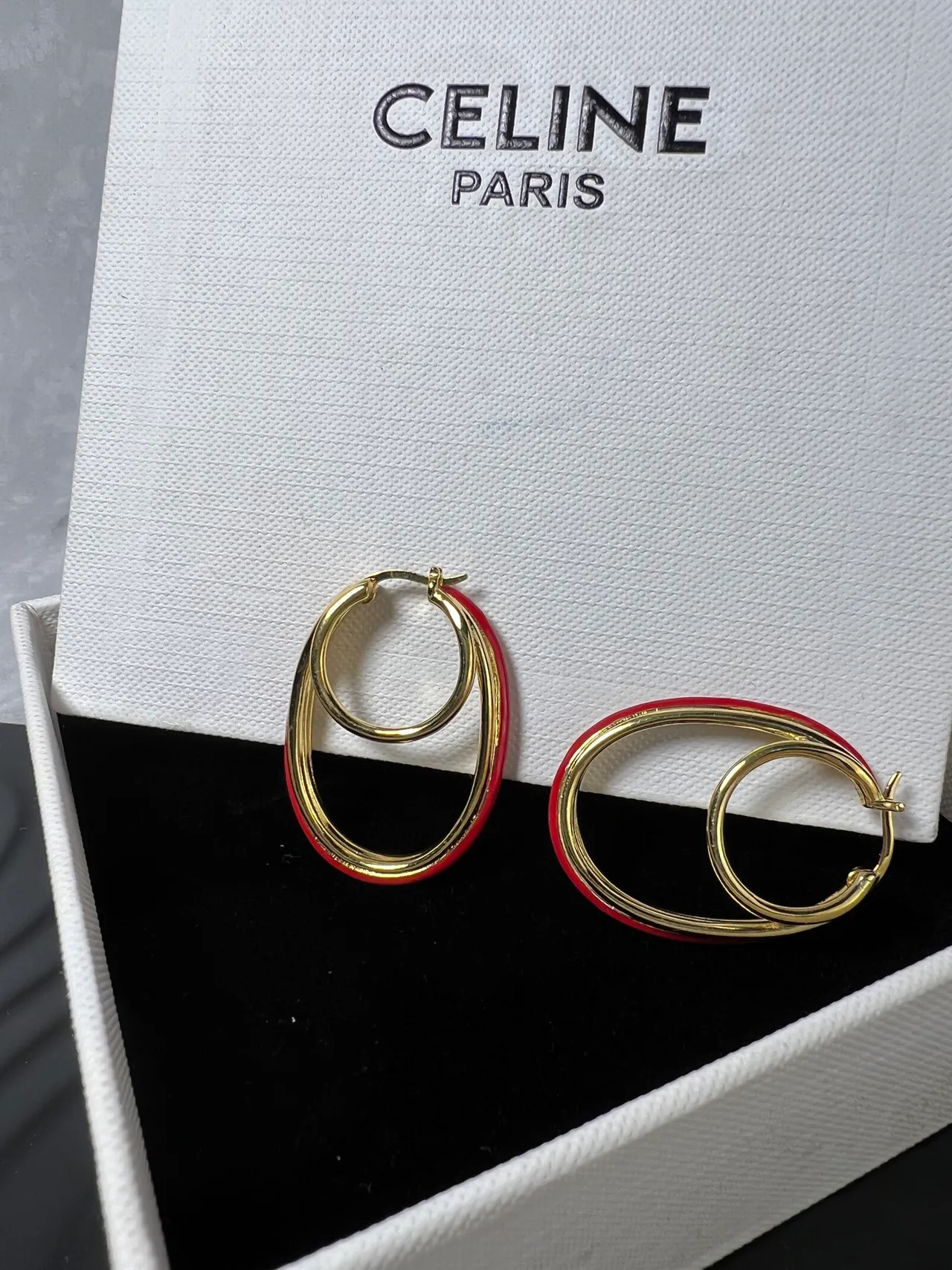 Celine Red Gold Double-Hoop Oval Earrings
