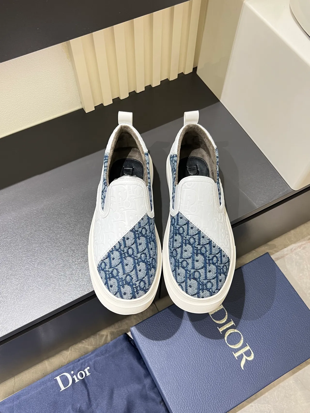 Dior White Navy Slip-On Embossed Leather Lifestyle Sneakers
