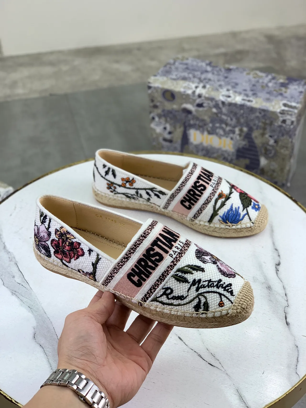 Dior Rose Matatini Esdrille White Multicolor Embroidered Floral Canvas Woven Jute Sole Boat Shoes