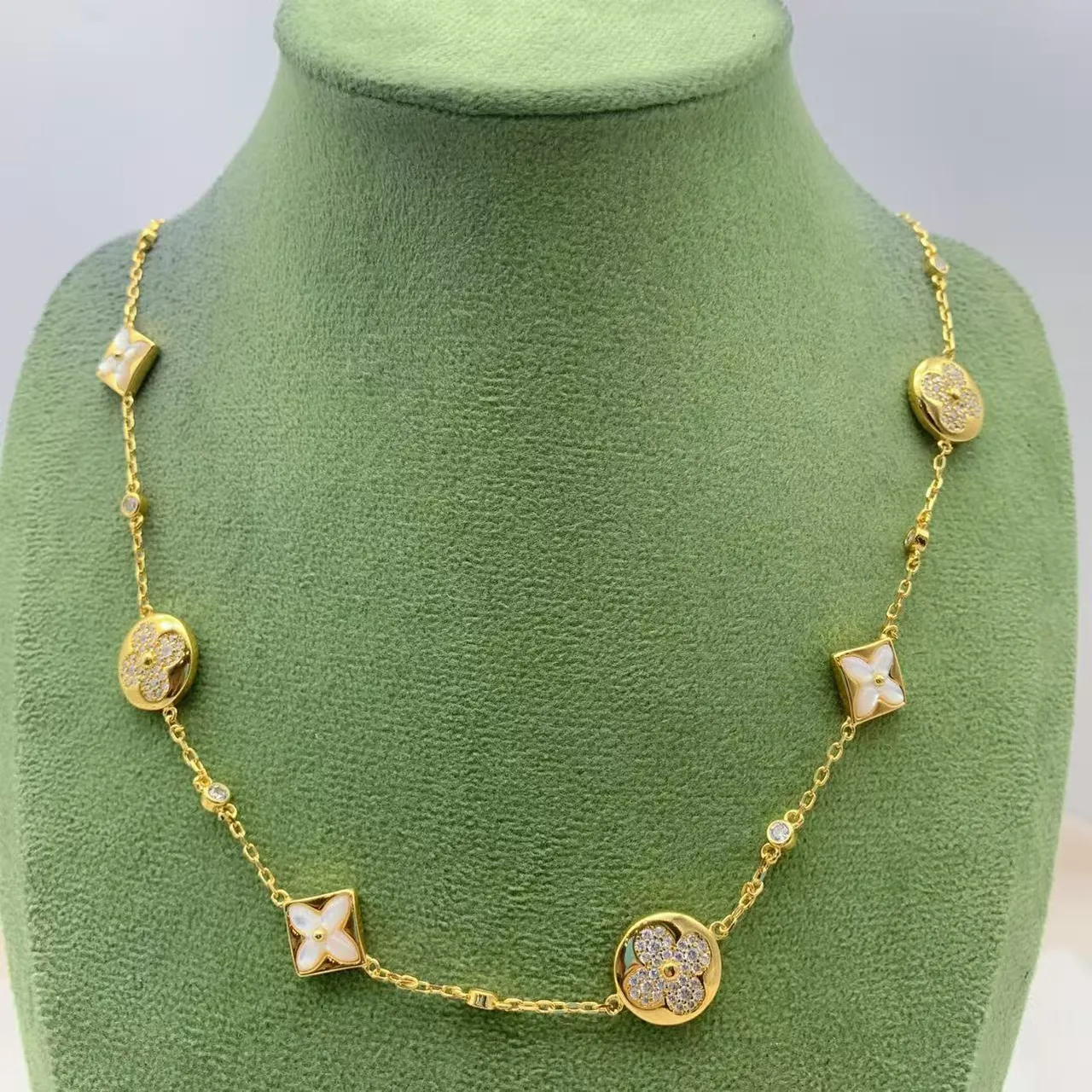 Gold White Chain Alternating Round And Square Floral Charms Necklace