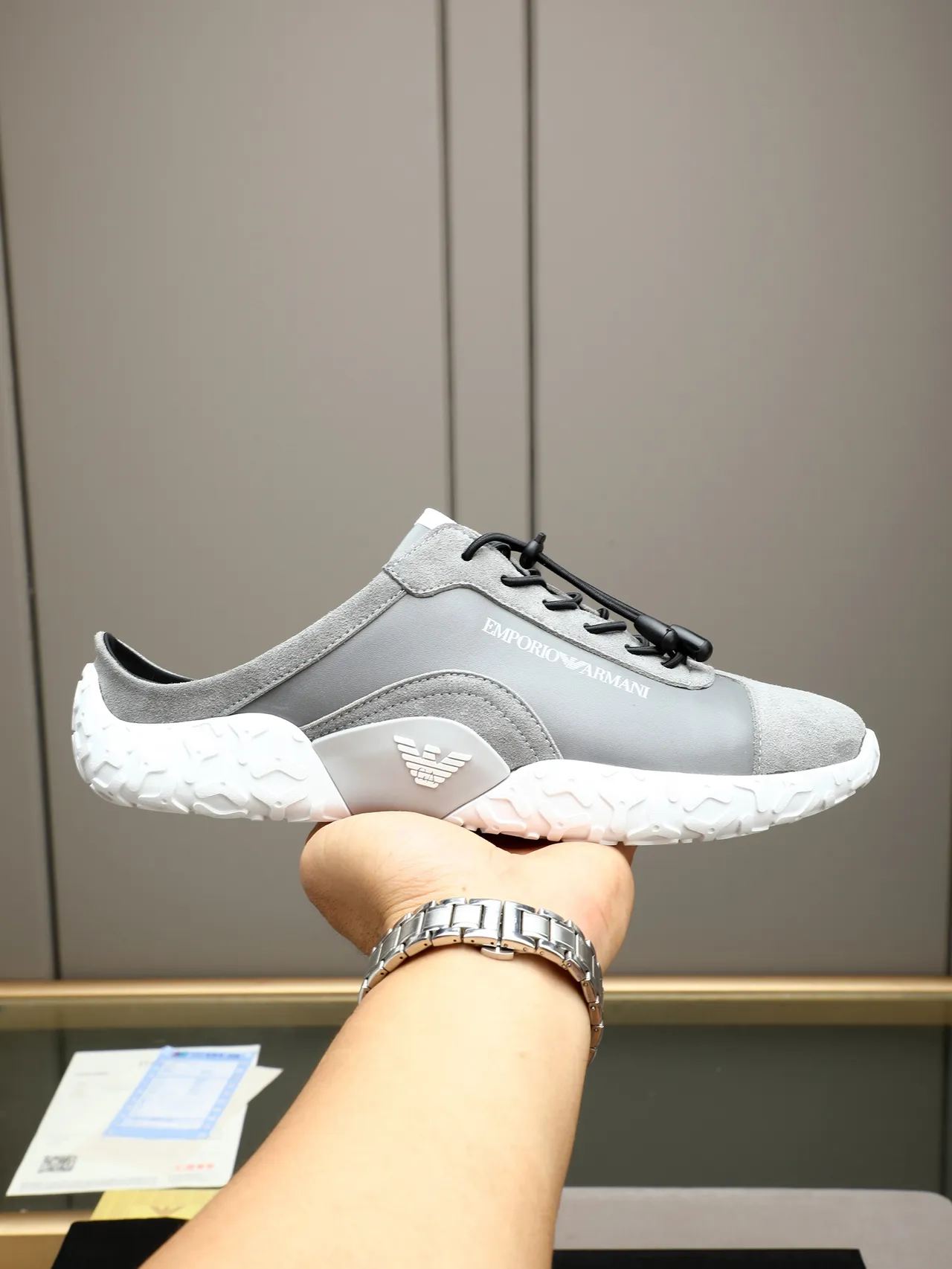 Emporio Armani Gray White Open-Heel Mule Sneaker Sculpted Geometric Sole Sneakers