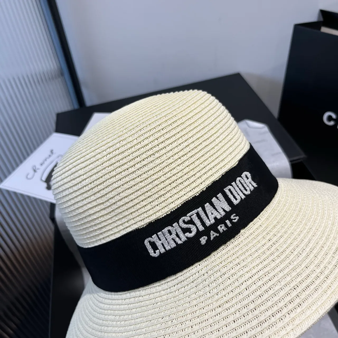 Dior Beige Black Woven Straw-Like Texture Structured Ribbed Crown Fedora