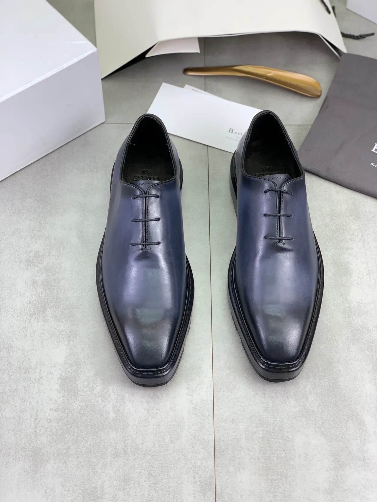 Berluti Navy Polished Leather Square-Toe Oxford Shoes