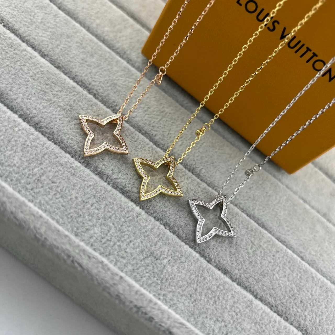 Louis Vuitton Monogram Star Gold Silver Openwork Pendant Pavé-Set Stones Necklace