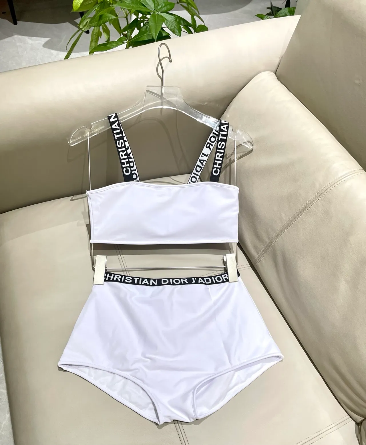 Dior J'adore White Bandeau Top and High-Waisted Briefs Swimwear