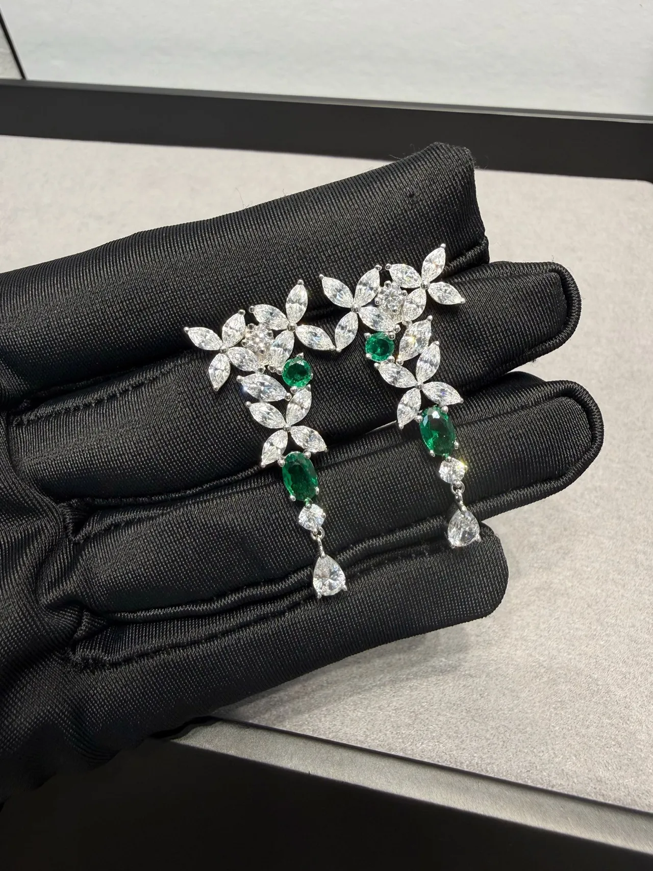 Floral Motif Marquise-Cut Green and Clear Stone Drop Earrings