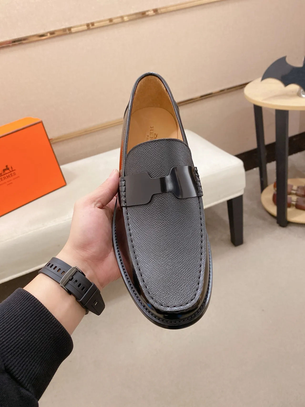Black Gray Patent And Textured Leather Moc-Toe Construction Loafer