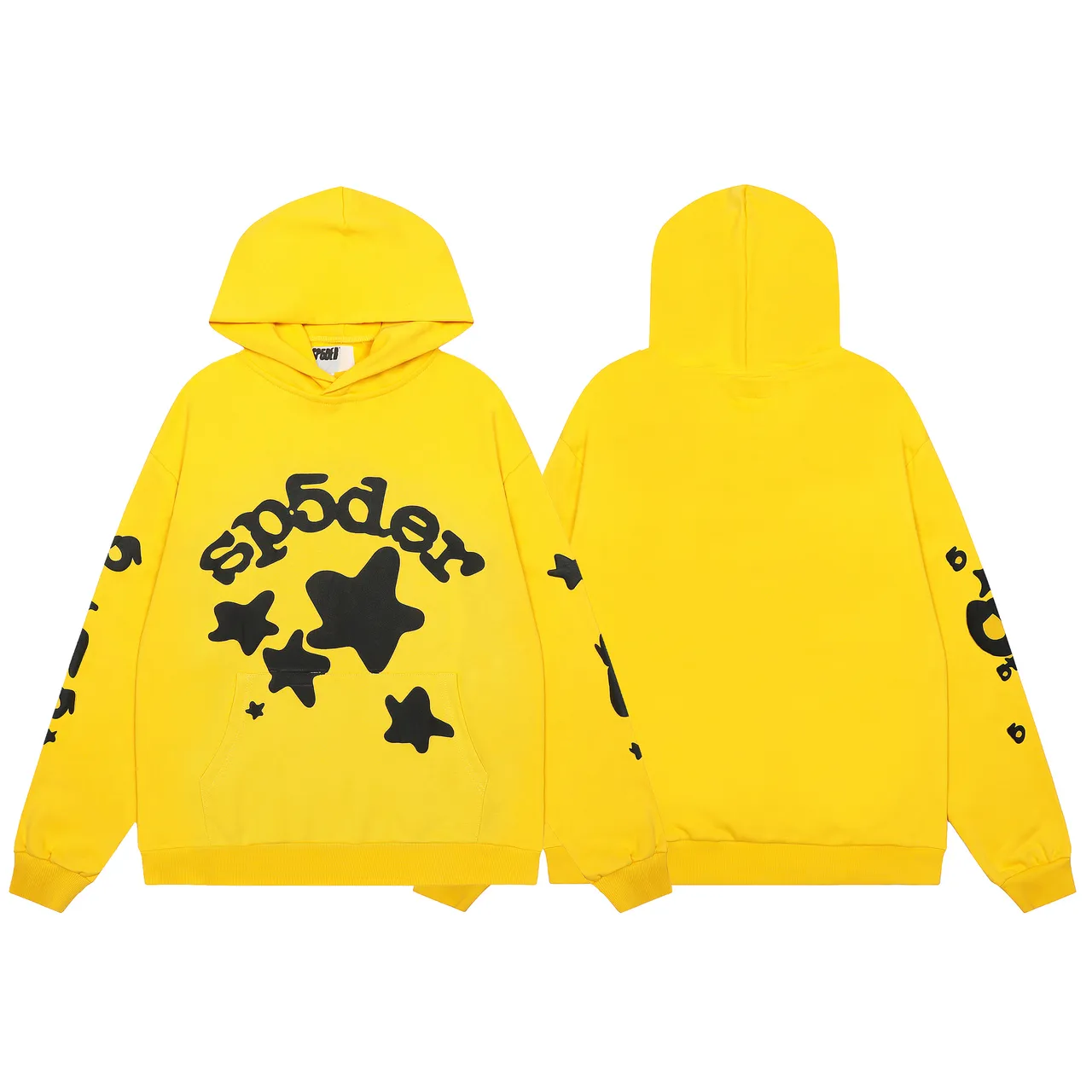 Sp5der Yellow Black Oversized Hoodie Graphic-Print Joggers Tracksuit
