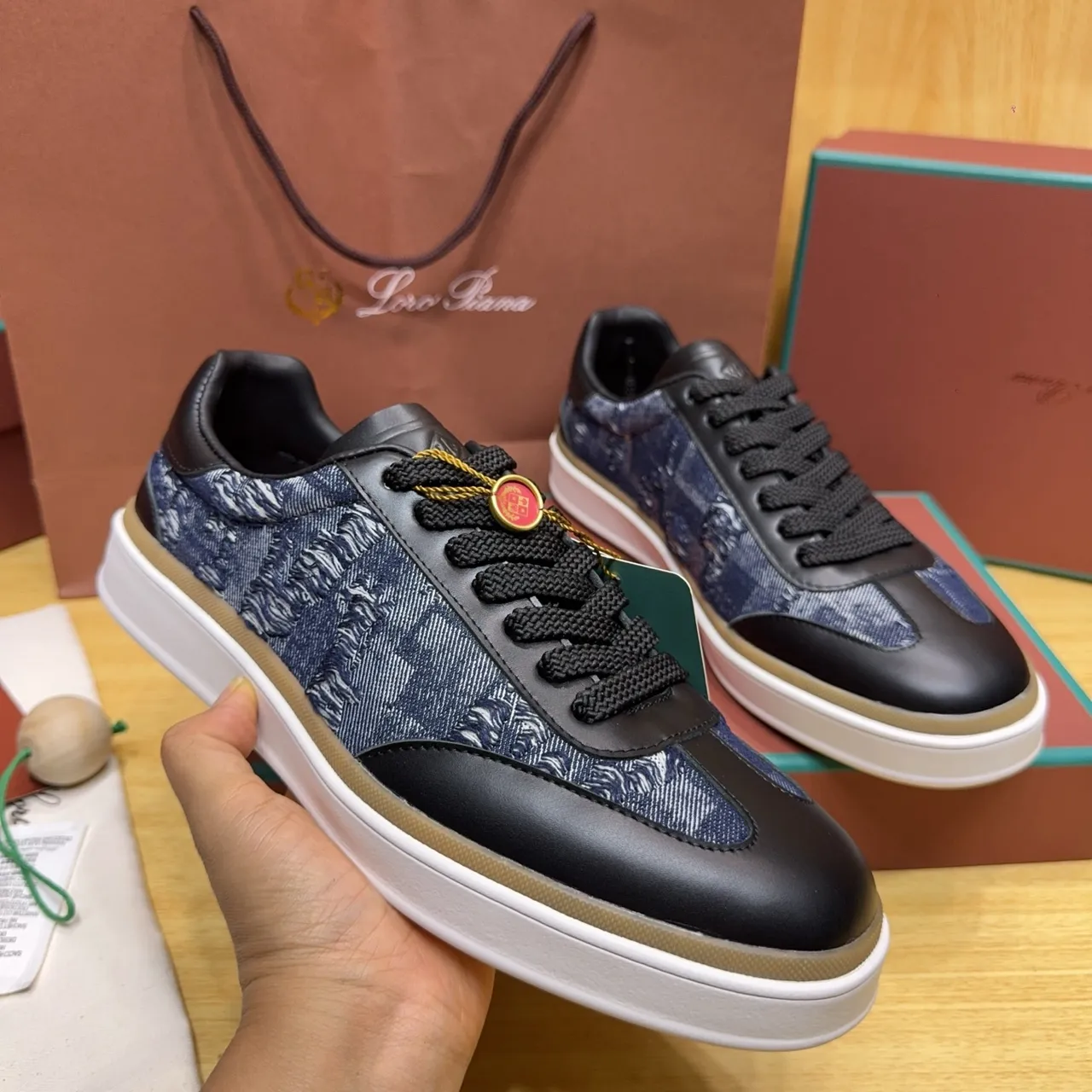 Loro Piana Denim-Textured and Black Leather Platform Lifestyle Sneakers