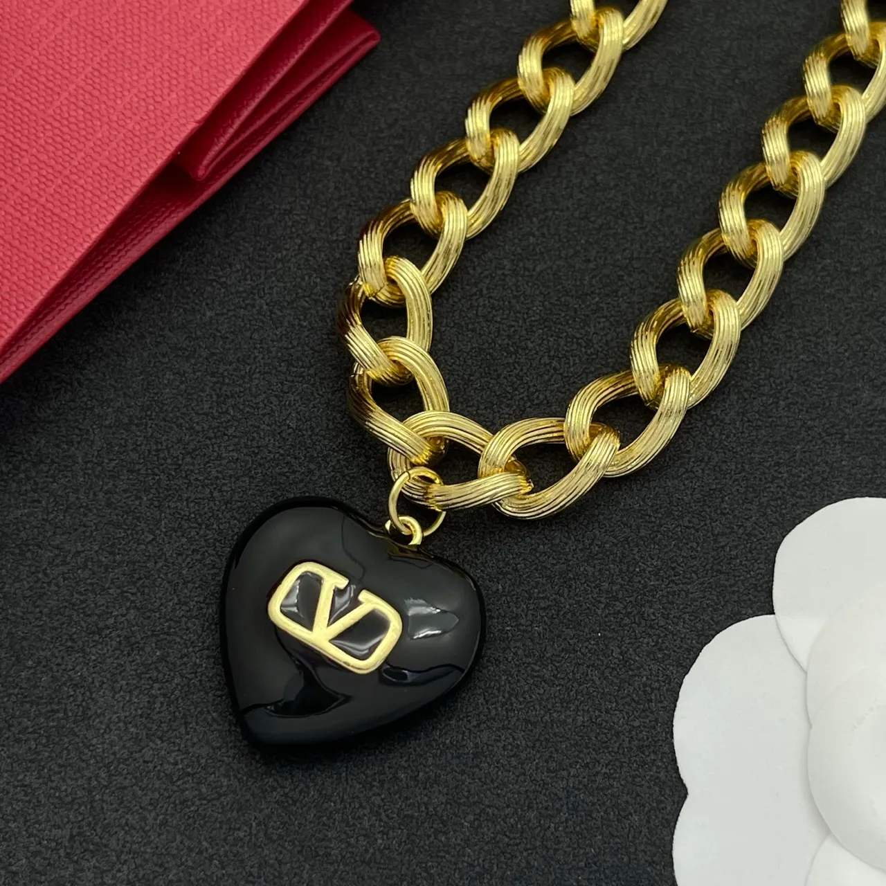 Valentino VLogo Heart Black and Gold Chain Necklace
