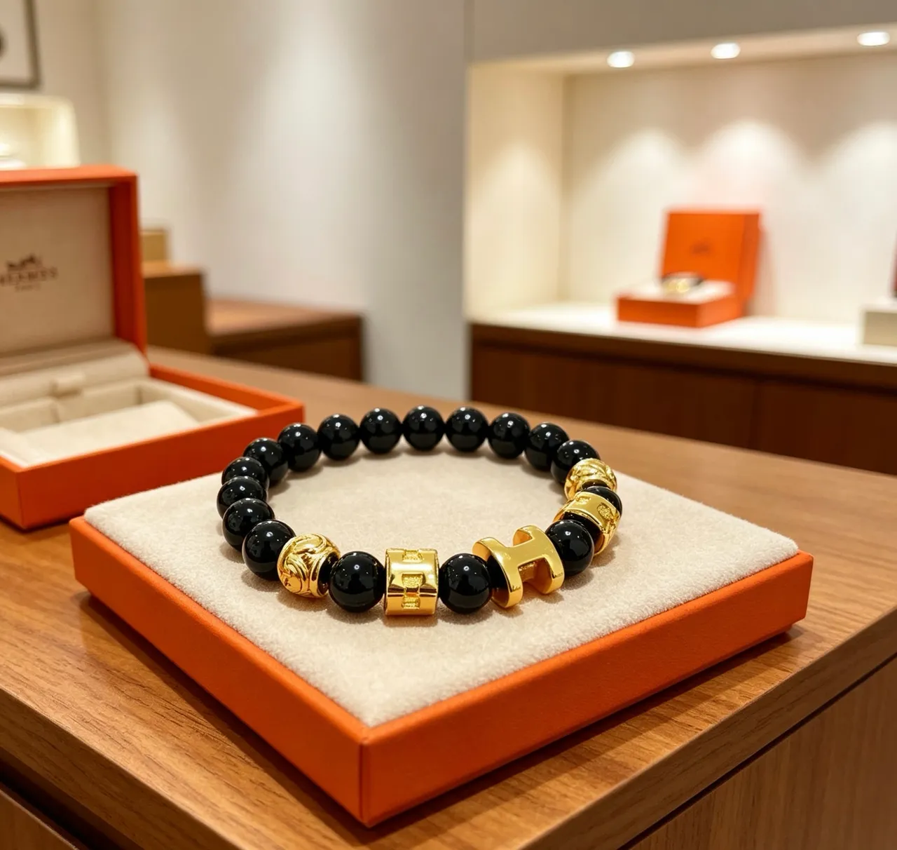 Hermès H Collection Black Onyx and Gold-Tone Beaded Bracelet