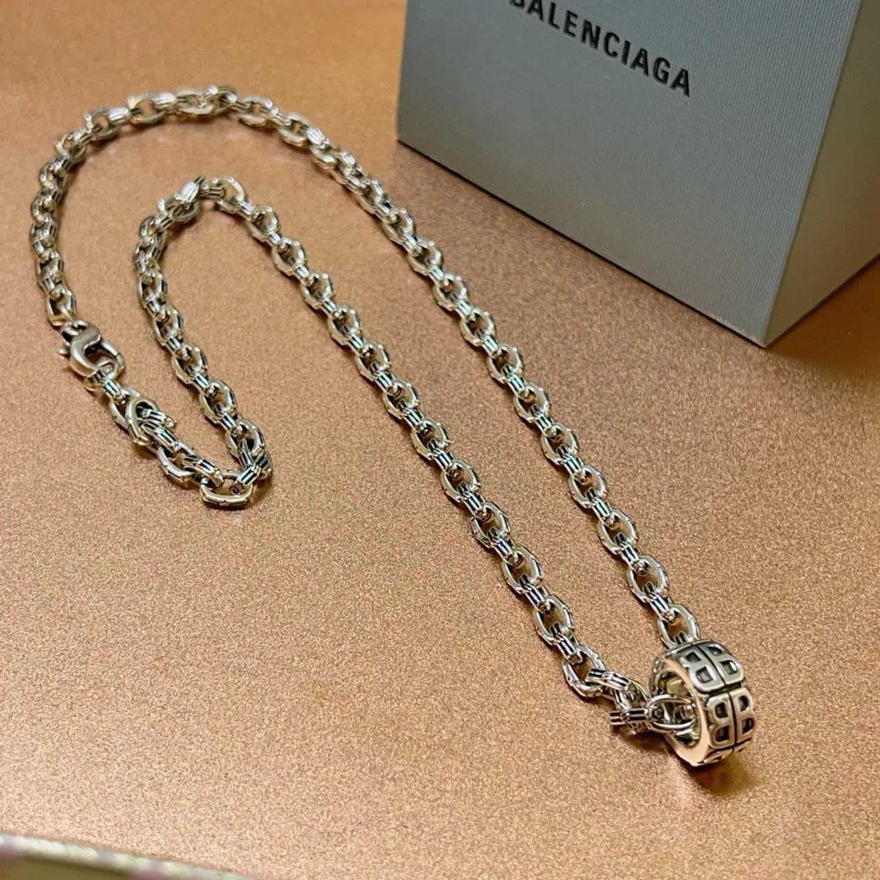 Balenciaga BB Motif Pendant Silver Chain Necklace