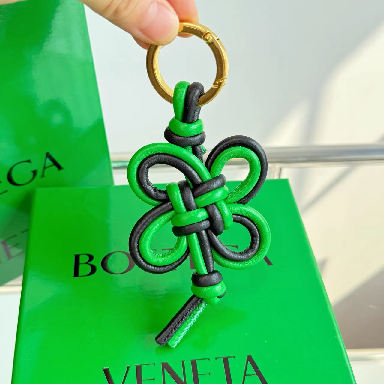 Bottega Veneta Knot Leather Keychain Green and Black Bracelet