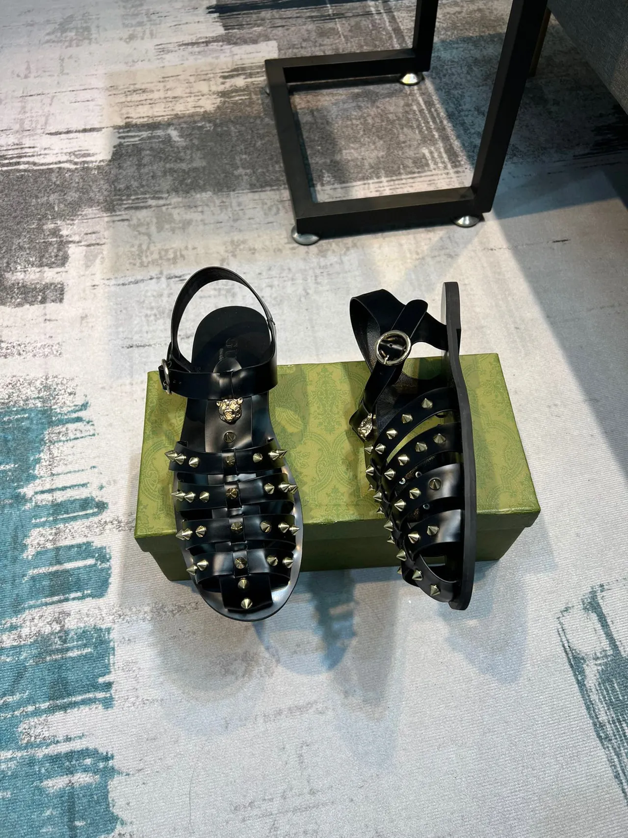 Gucci Dionysus Gladiator Black Gold Multi-Strap Studded Gladiator Sandals
