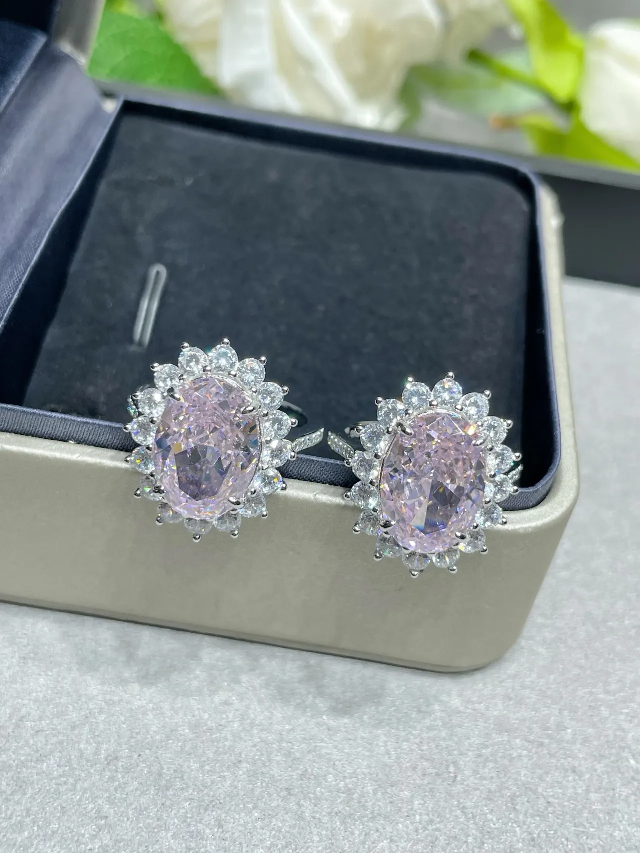 Oval Pink Halo Cluster Stud Earrings