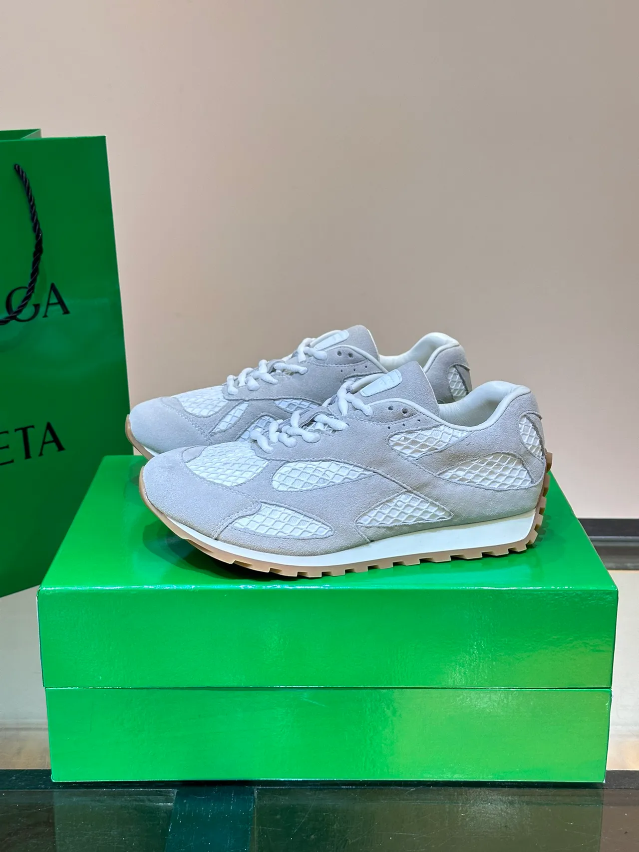 Bottega Veneta Gray White Suede Upper Intrecciato Quilted Panels Lifestyle Sneakers