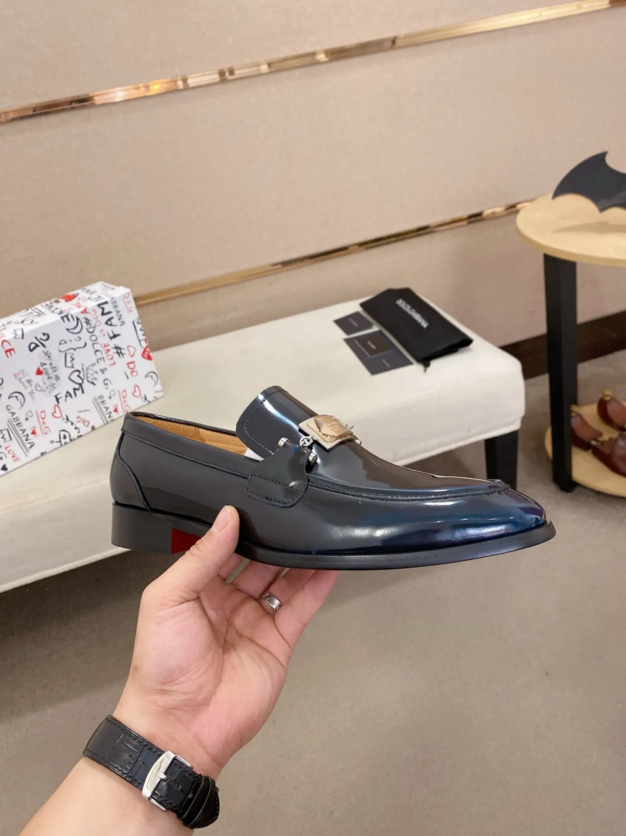 Dolce & Gabbana Navy Gold Patent Leather Metal Horsebit Ornament Loafer