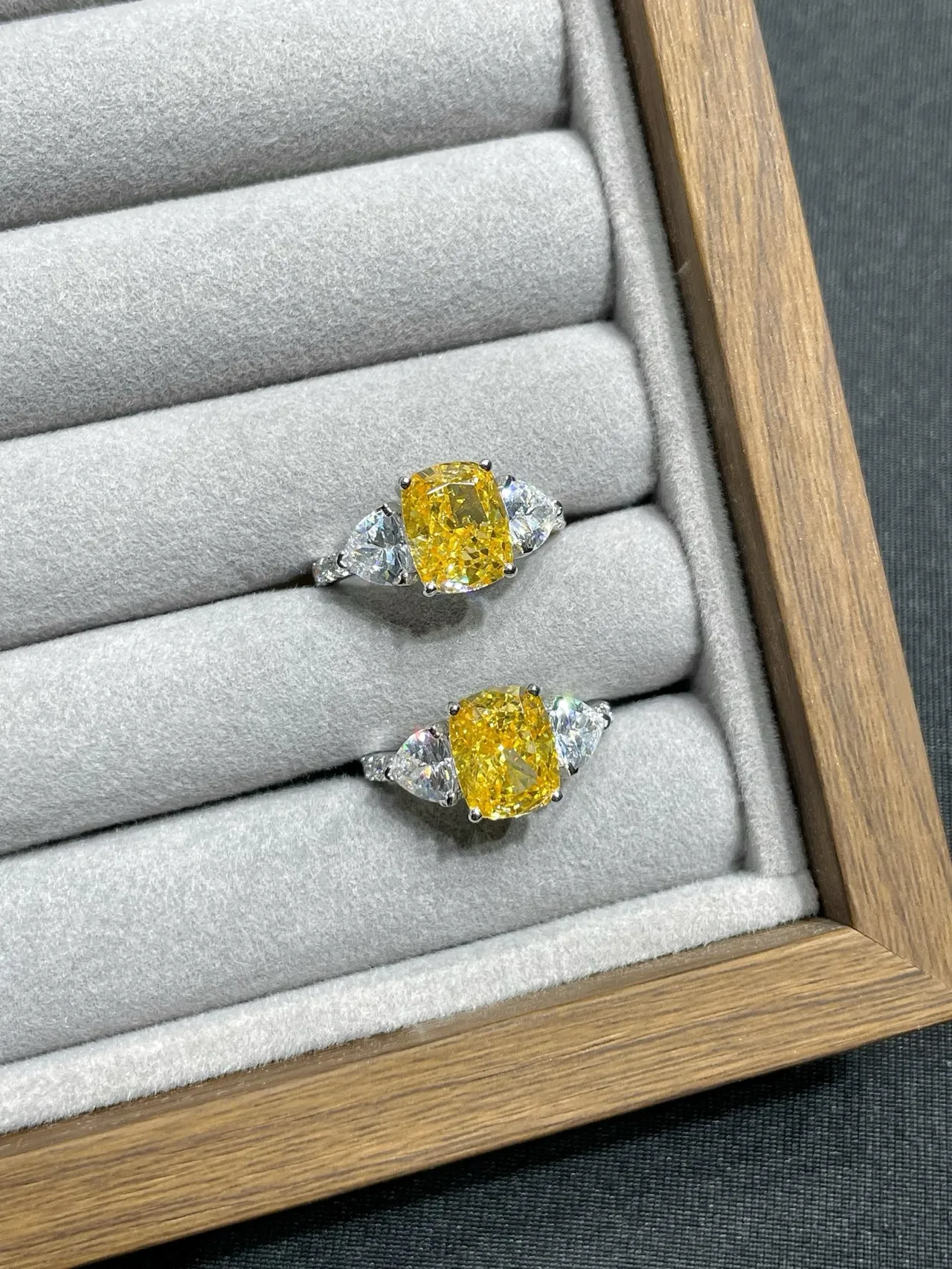 Three-Stone Cushion-Cut Yellow and White Gem Ring