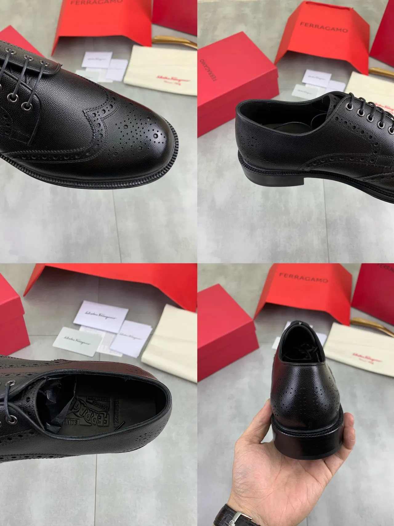 Salvatore Ferragamo Full Brogue Wingtip Black Pebbled Leather Brogues