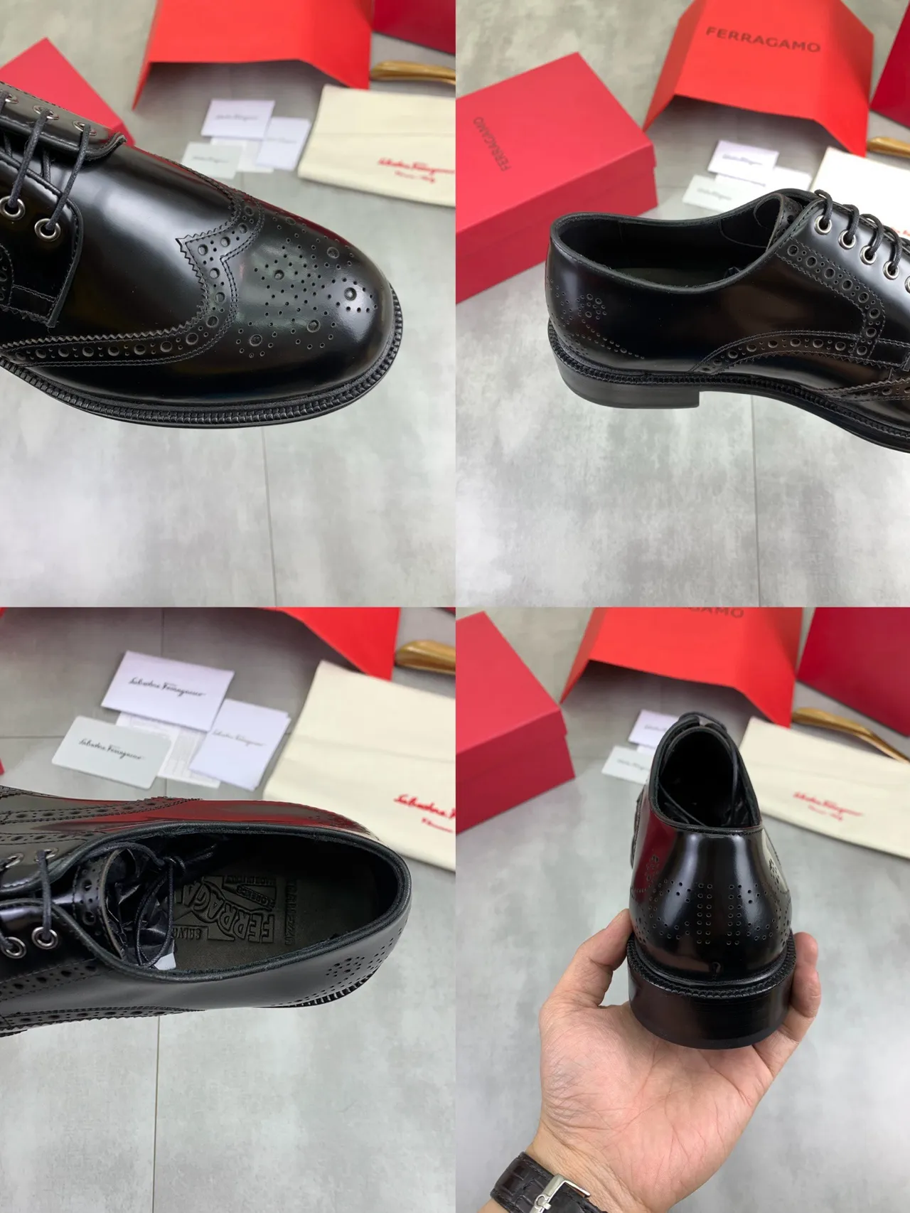 Salvatore Ferragamo Full Brogue Wingtip Black Leather Brogues