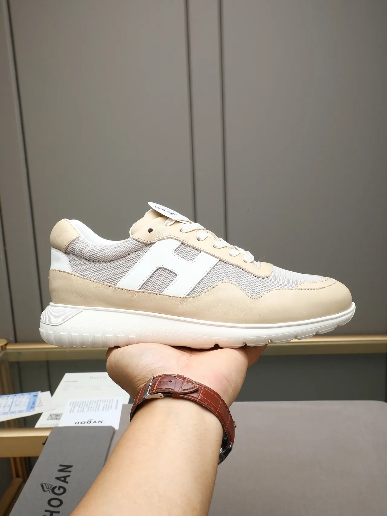 Hogan H-Logo Beige and Gray Lifestyle Sneakers