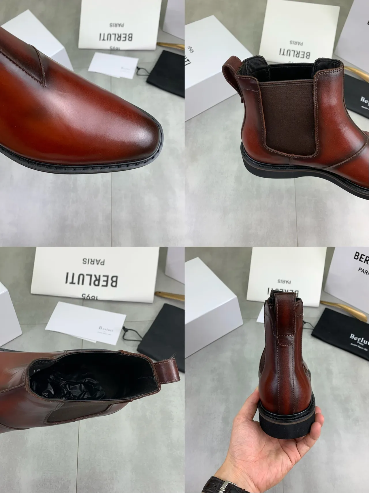 Berluti Brown Black Polished Leather Elastic Side Gussets Chelsea Boots