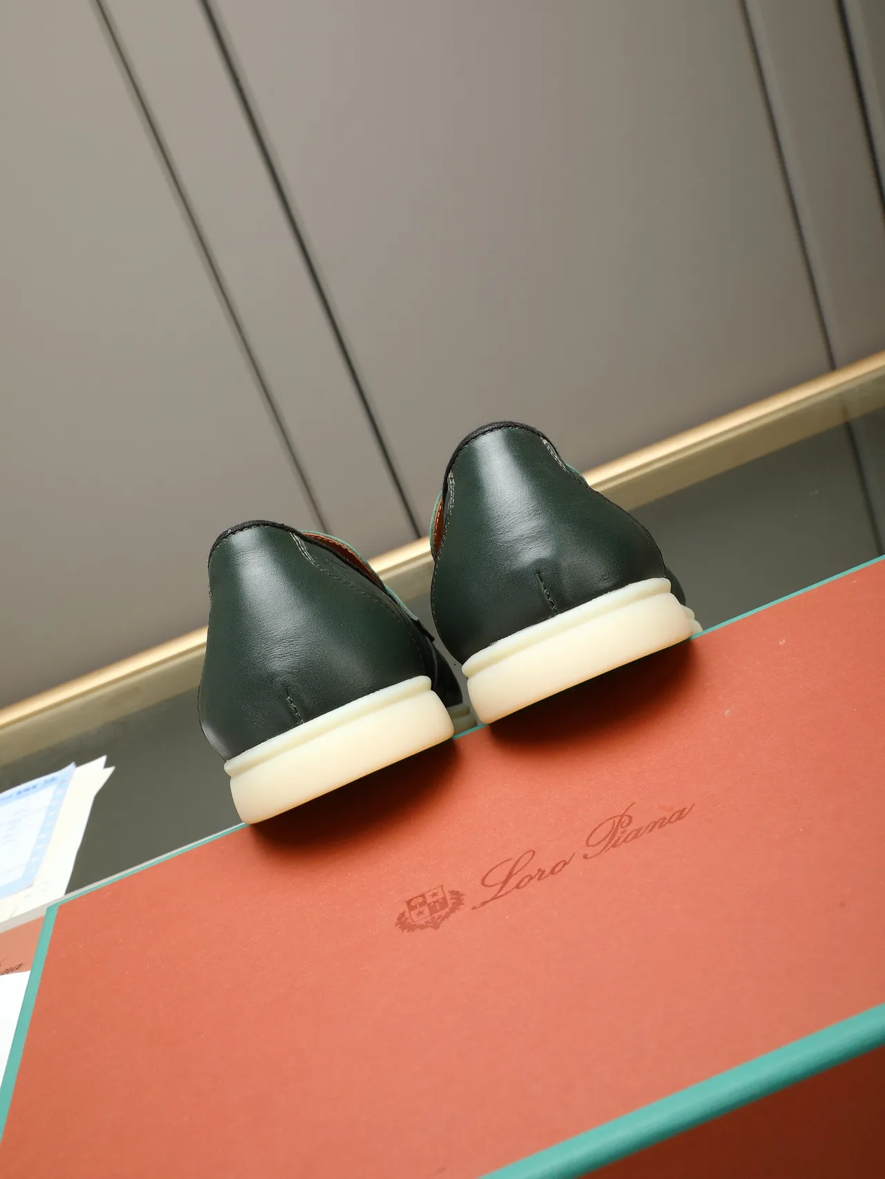 Green Beige Croc-Embossed Leather Metal Logo Plaque Strap Loafer