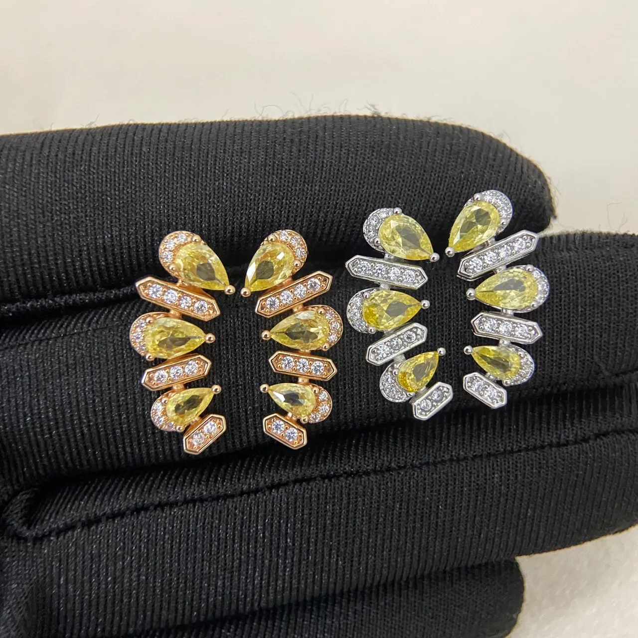 Gold Silver Multi-Tiered Pear-Cut Stone Earrings
