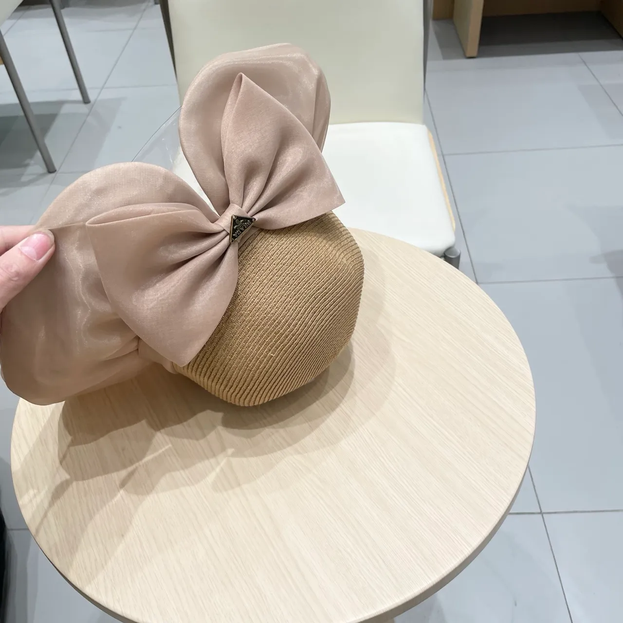 Prada Beige Pink Woven Straw Crown Wide Brim Fedora