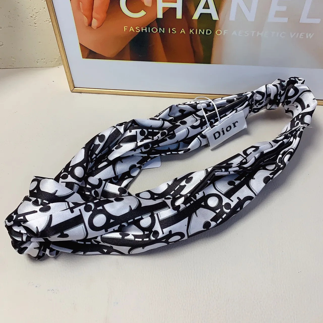 Dior White Black Twisted Knot Front Elasticated Band Silk Scarf