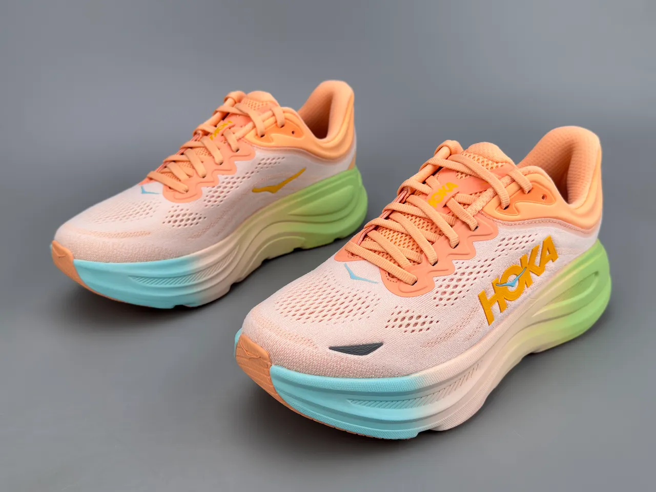Hoka Orange Green Engineered Knit Upper Gradient Midsole Running Shoes