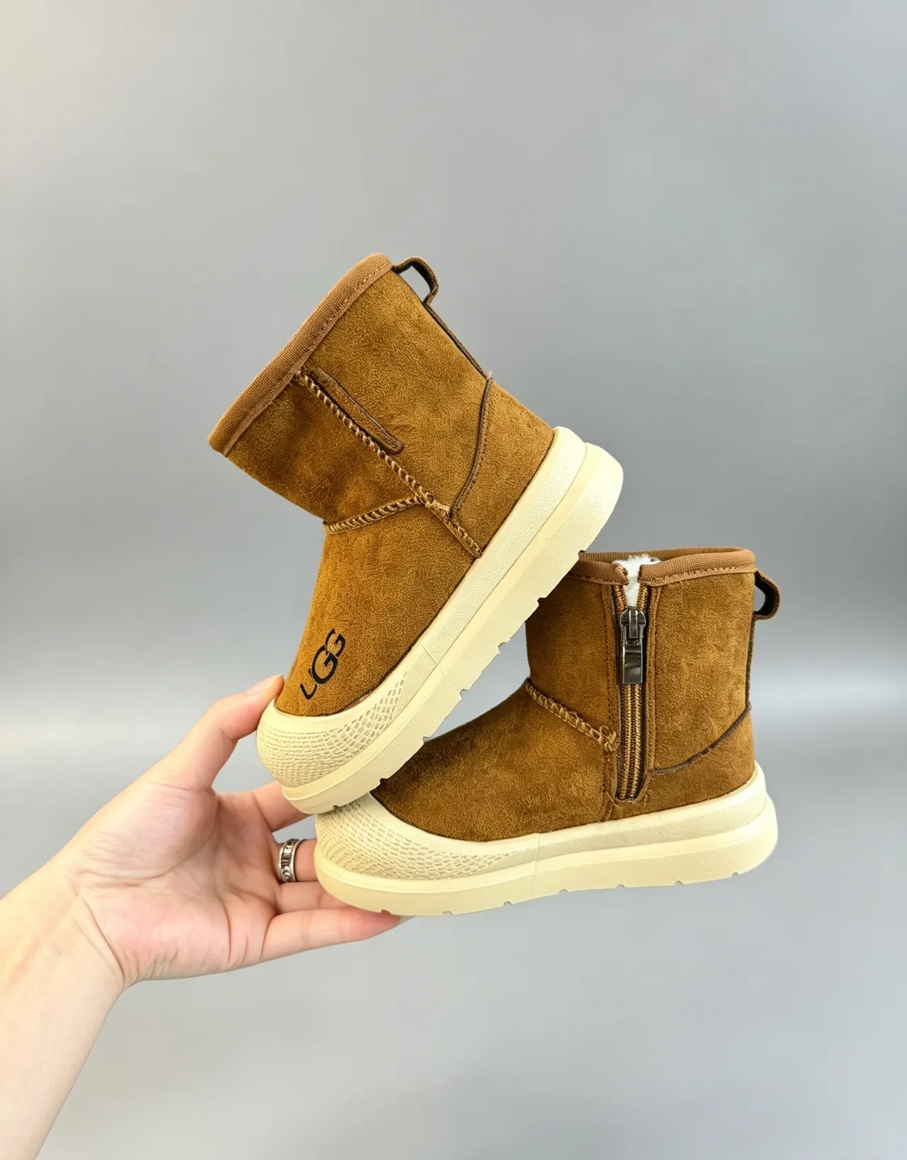 UGG Brown Beige Suede Upper Pull Tab Snow Boots